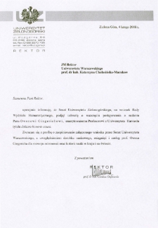 Pismo JM Rektora Uniwersytetu Zielonogórskiego do JM Rektora Uniwersytetu Warszawskiego w sprawie zaopiniowania przez Senat Uniwersytetu Warszawskiego wniosku o nadanie prof. Owenowi Gingerichowi tytułu doktora honoris causa