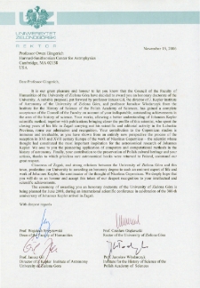 Letter from the rector of the University of Zielona Góra to prof. Owen Gingerich, announcing that he was awarded the title of doctor honoris causa by the Council of the Faculty of Humanities of the University of Zielona Góra