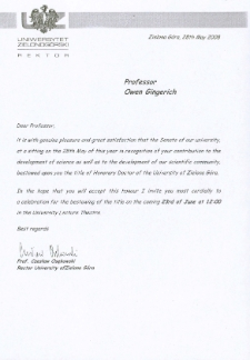Letter from the rector of the University of Zielona Góra to prof. Owen Gingerich, announcing the date of the ceremony