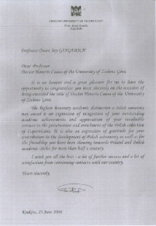 List gratulacyjny prof. Józefa Gawlika do profesora Owena Gingericha