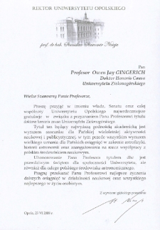 List gratulacyjny prof. Stanisława Nieciei do profesora Owena Gingericha
