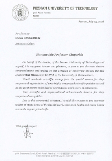 List gratulacyjny prof. Adama Hamrola do profesora Owena Gingericha