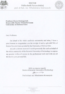 List gratulacyjny prof. Włodzimierza Kiernożyckiego do profesora Owena Gingericha