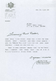 Pismo JM Rektora Uniwersytetu Zielonogórskiego do JM Rektora Politechniki Śląskiej w Gliwicach w sprawie zaopiniowania przez Senat Politechniki Śląskiej wniosku o nadanie prof. Ryszardowi Tadeusiewiczowi tytułu doktora honoris causa