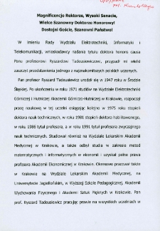 Przedstawienie sylwetki kandydata do godności doktora honoris causa Uniwersytetu Zielonogórskiego - prof. Ryszarda Tadeusiewicza