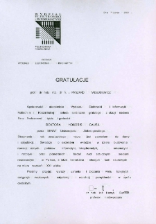 List gratulacyjny dr. hab. Henryka Budzisza do profesora Ryszarda Tadeusiewicza