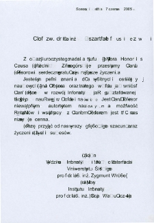 List gratulacyjny prof. Zygmunta Wróbla i prof. Alicji Wakulicz-Deji do profesora Ryszarda Tadeusiewicza