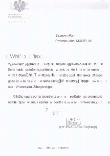 List Rektora Uniwersytetu Zielonogórskiego do prof. Juliana Musielaka zawiadamiający o nadaniu Mu przez Senat Uniwersytetu Zielonogórskiego tytułu doktora honoris causa