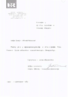 List gratulacyjny Dyrekcji i pracowników Instytutu Matematyki Uniwersytetu Rzeszowskiego do profesora Juliana Musielaka