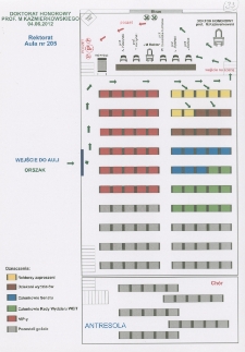 Schemat usytuowania w auli uczestników uroczystości nadania tytułu doktora honoris causa prof. Marianowi Piotrowi Kaźmierkowskiemu