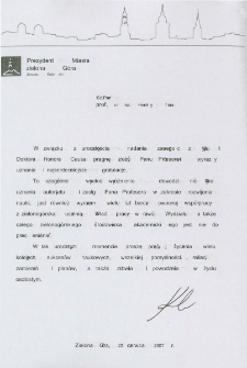 List gratulacyjny Janusza Kubickiego do profesora Henryka Tuni