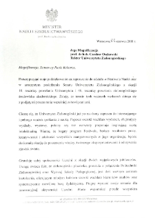 [List gratulacyjny Ministra Nauki i Szkolnictwa Wyższego z okazji 10. rocznicy powołania Uniwersytetu Zielonog&oacute;rskiego]