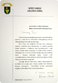 [List gratulacyjny W&oacute;jta Gminy Zielona G&oacute;ra z okazji 10. rocznicy powołania Uniwersytetu Zielonog&oacute;rskiego]