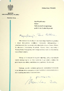 [List gratulacyjny Senatora Rzeczypospolitej Polskiej Stanisława Iwana z okazji 10. rocznicy powołania Uniwersytetu Zielonog&oacute;rskiego]