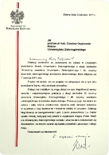 [List gratulacyjny Posła na Sejm RP Bogusława Wontora z okazji 10. rocznicy powołania Uniwersytetu Zielonog&oacute;rskiego]