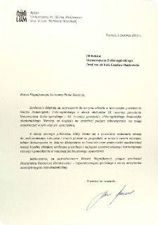 [List gratulacyjny Rektora Uniwersytetu im. Adama Mickiewicza w Poznaniu z okazji 10. rocznicy powołania Uniwersytetu Zielonog&oacute;rskiego]