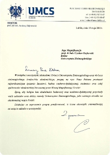 [List gratulacyjny Rektora Uniwersytetu Marii Curie-Skłodowskiej w Lublinie z okazji 10. rocznicy powołania Uniwersytetu Zielonog&oacute;rskiego]