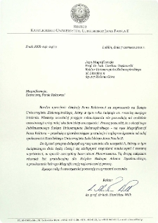 [List gratulacyjny Rektora Katolickiego Uniwersytetu Lubelskiego z okazji 10. rocznicy powołania Uniwersytetu Zielonog&oacute;rskiego]
