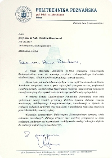 [List gratulacyjny Rektora Politechniki Poznańskiej z okazji 10. rocznicy powołania Uniwersytetu Zielonog&oacute;rskiego]