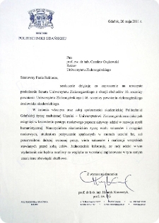 [List gratulacyjny Rektora Politechniki Gdańskiej z okazji 10. rocznicy powołania Uniwersytetu Zielonog&oacute;rskiego]