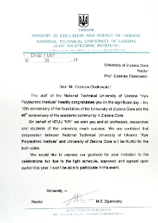 [List gratulacyjny Rektora Kyiv Polytechnic Institute z okazji 10. rocznicy powołania Uniwersytetu Zielonog&oacute;rskiego]