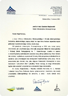 [List gratulacyjny Dyrektora Wojew&oacute;dzkiej i Miejskiej Biblioteki Publicznej im. C. Norwida w Zielonej G&oacute;rze z okazji 10. rocznicy powołania Uniwersytetu Zielonog&oacute;rskiego]