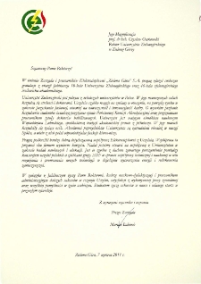 [List gratulacyjny Prezesa Zarządu Elektrociepłowni "Zielona G&oacute;ra" S.A. z okazji 10. rocznicy powołania Uniwersytetu Zielonog&oacute;rskiego]