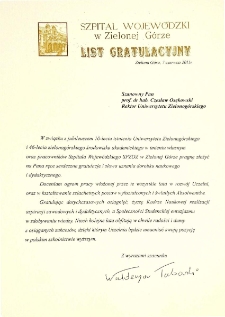 [List gratulacyjny Dyrektora Szpitala Wojew&oacute;dzkiego w Zielonej G&oacute;rze z okazji 10. rocznicy powołania Uniwersytetu Zielonog&oacute;rskiego]