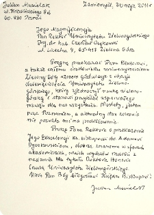 [List gratulacyjny Juliana Musielaka, doktora honorowego Uniwersytetu Zielonog&oacute;rskiego, z okazji 10. rocznicy powołania Uniwersytetu Zielonog&oacute;rskiego]
