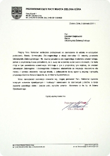 [List gratulacyjny Przewodniczącego Rady Miasta Zielona G&oacute;ra z okazji 10. rocznicy powołania Uniwersytetu Zielonog&oacute;rskiego]