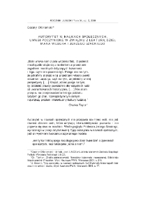 Autorytet w naukach społecznych. Uwagi poczynione w związku z lekturą dzieł Maxa Webera i Jerzego Szackiego = Authority in social sciences. Remarks on Max Weber`s and Jerzy Szacki`s Works