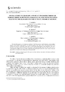 Oscillatory fluid flow and heat transfer through porous medium between parallel plates with inclined magnetic field, radiative heat flux and heat source