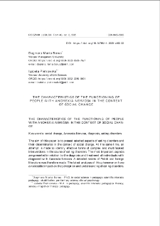 The characteristics of the functioning of people with anorexia nervosa in the context of social change = Charakterystyka funkcjonowania osób z rozpoznaniem Anorexia Nervosa w kontekście zmiany społecznej